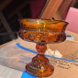 Vintage Indiana Glass Co. Kings crown or thumb print design Amber Glass Compote